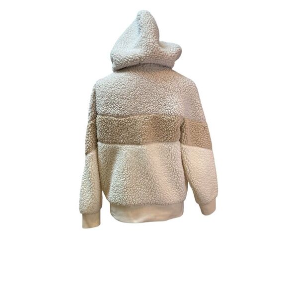 Sherpa Pullover Hoodie Colorblock Beige Cream Warm Cozy - Picture 3 of 7